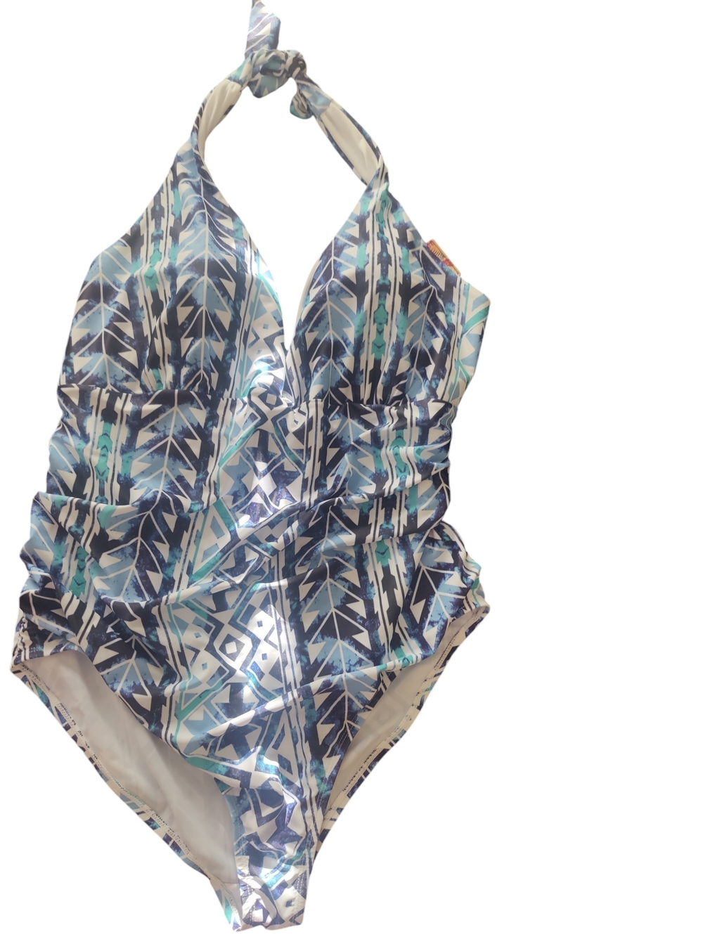 NWT Noon Swim Women"S Plus Size Blue Aztec Halter One-Piece Swimsuit